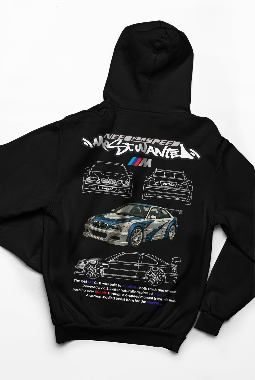 BMW E46 Most Wanted Hoodie – Araba Koleksiyonu, Unisex Oversize Kapüşonlu Sweatshirt, 3 İplik Şardonlu