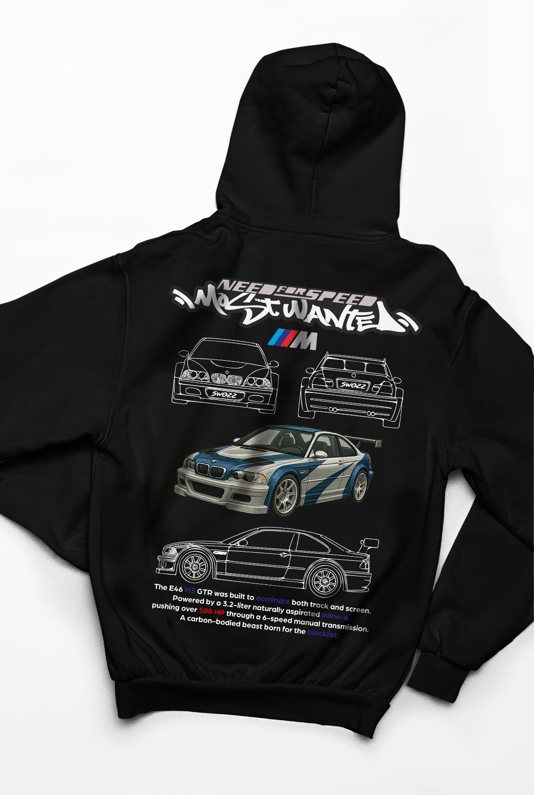 BMW E46 Most Wanted Hoodie – Araba Koleksiyonu, Unisex Oversize Kapüşonlu Sweatshirt, 3 İplik Şardonlu