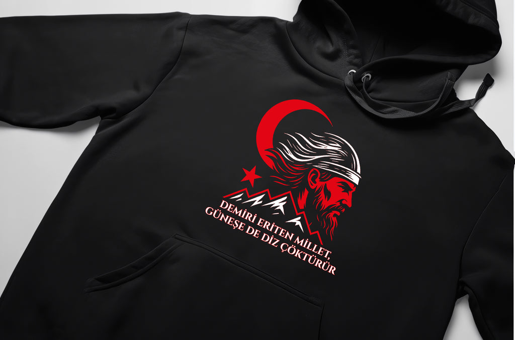 Ergenekon Hoodie – Türk Koleksiyonu, “Demiri Eriten Millet” Ön Baskılı, Unisex Oversize Kapüşonlu Sweatshirt, 3 İplik Şardonlu