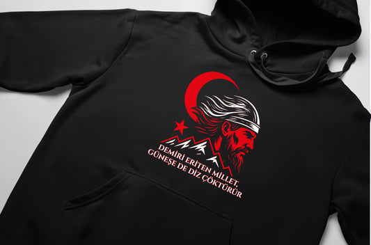 Ergenekon Hoodie – Türk Koleksiyonu, “Demiri Eriten Millet” Ön Baskılı, Unisex Oversize Kapüşonlu Sweatshirt, 3 İplik Şardonlu