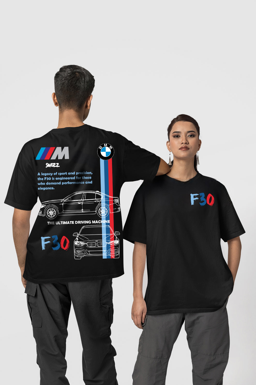 BMW F30 Tasarımlı Regular Unisex Tişört M Serisi Spor Şerit Detaylı Siyah Model