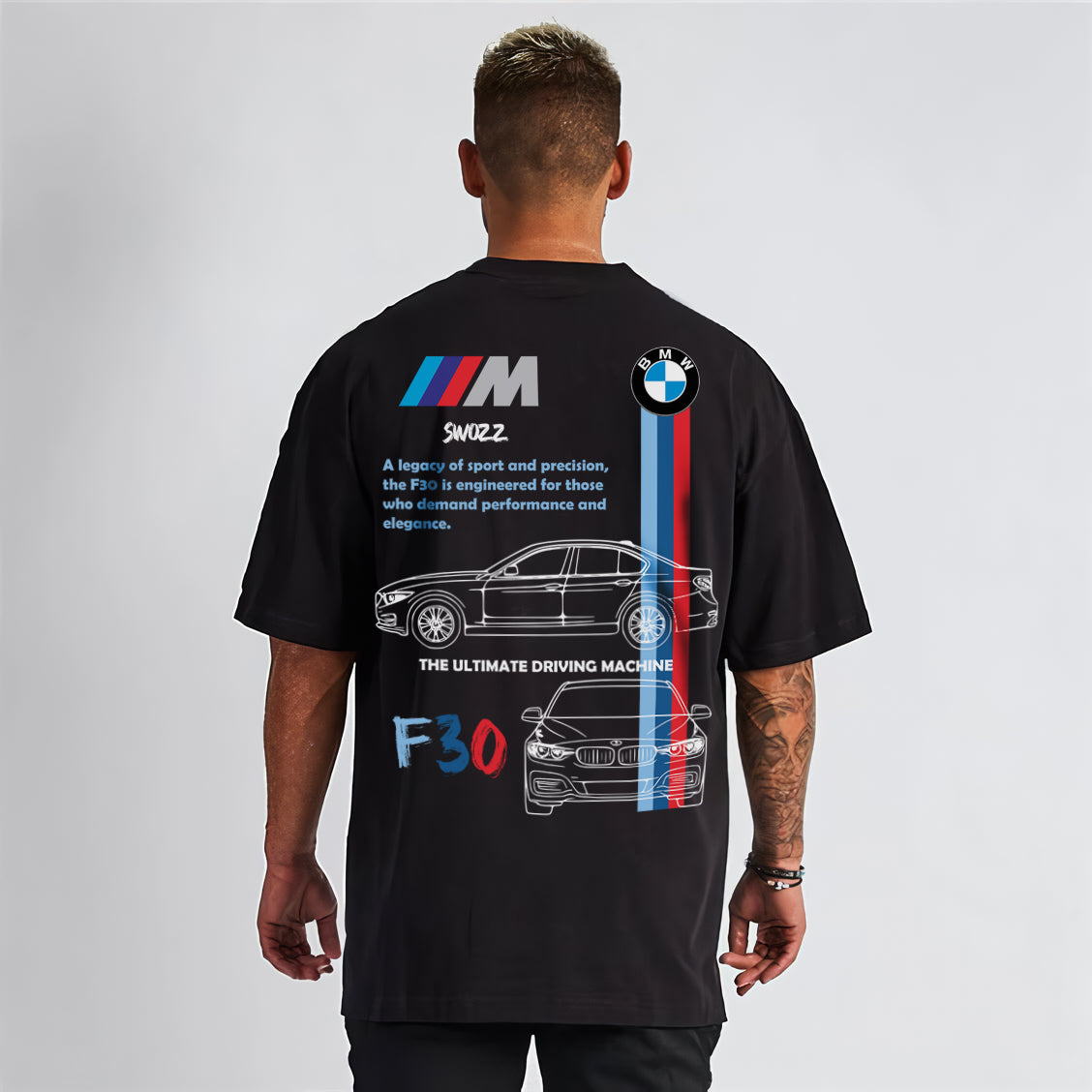 BMW F30 Tasarımlı Regular Unisex Tişört M Serisi Spor Şerit Detaylı Siyah Model