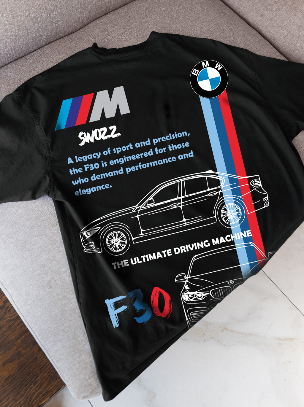 BMW F30 Tasarımlı Regular Unisex Tişört M Serisi Spor Şerit Detaylı Siyah Model