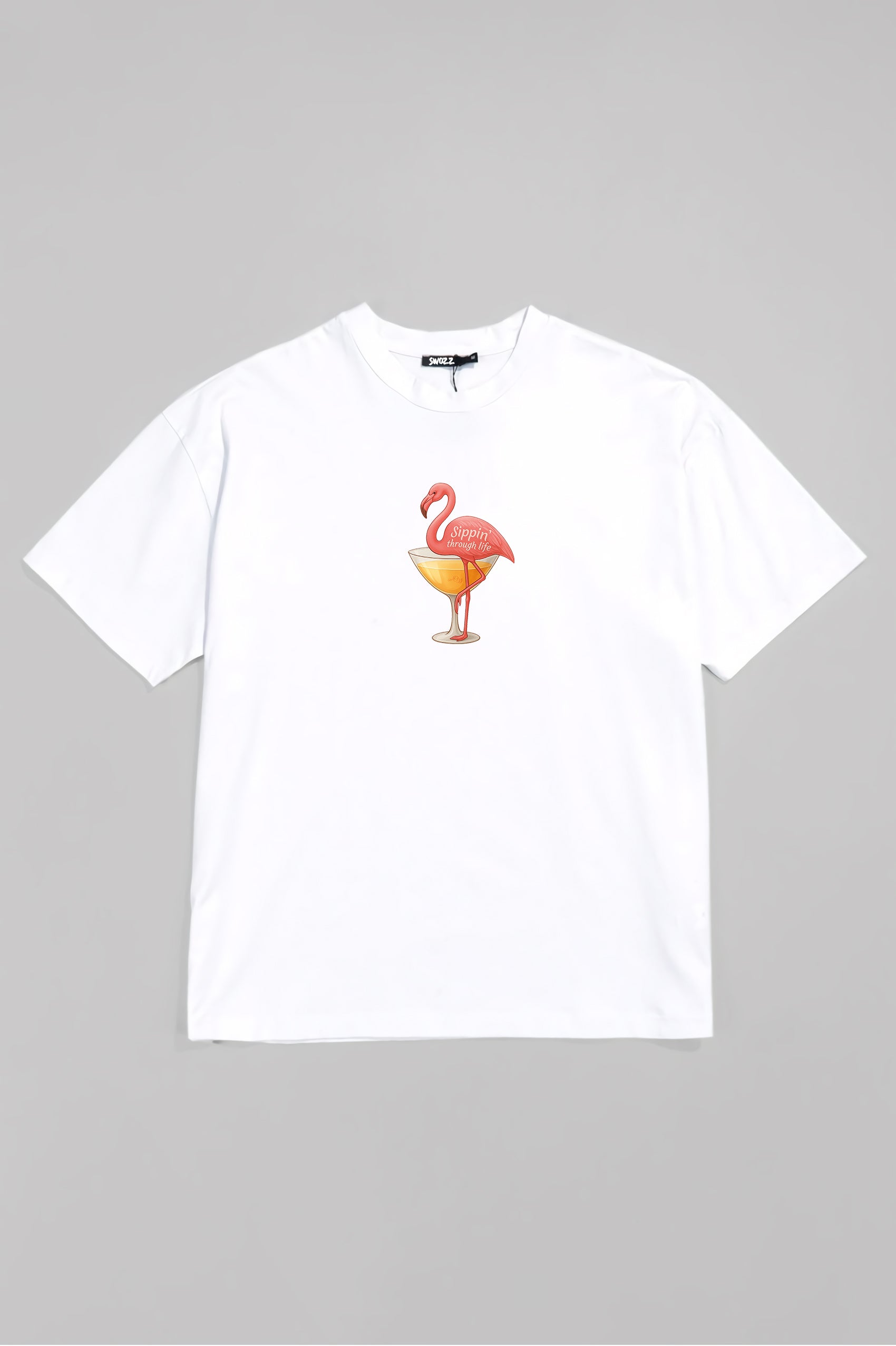 Flamingo Kadın %100 Pamuk Regular Bisiklet Yaka Beyaz T-shirt Sippin’ Through Life