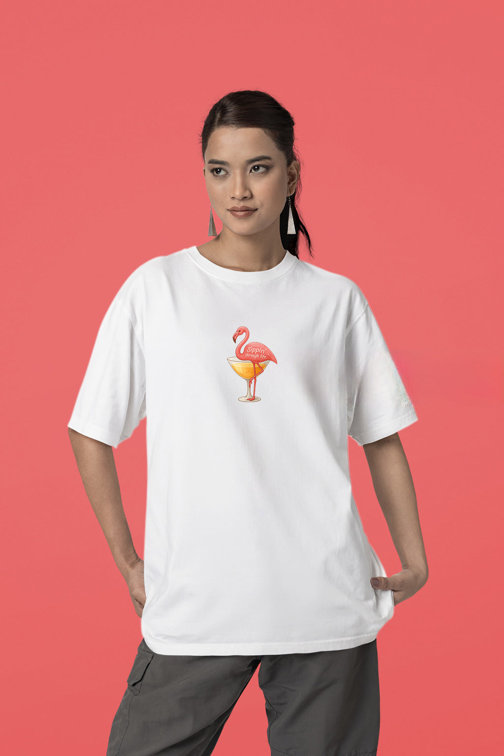 Flamingo Kadın %100 Pamuk Regular Bisiklet Yaka Beyaz T-shirt Sippin’ Through Life