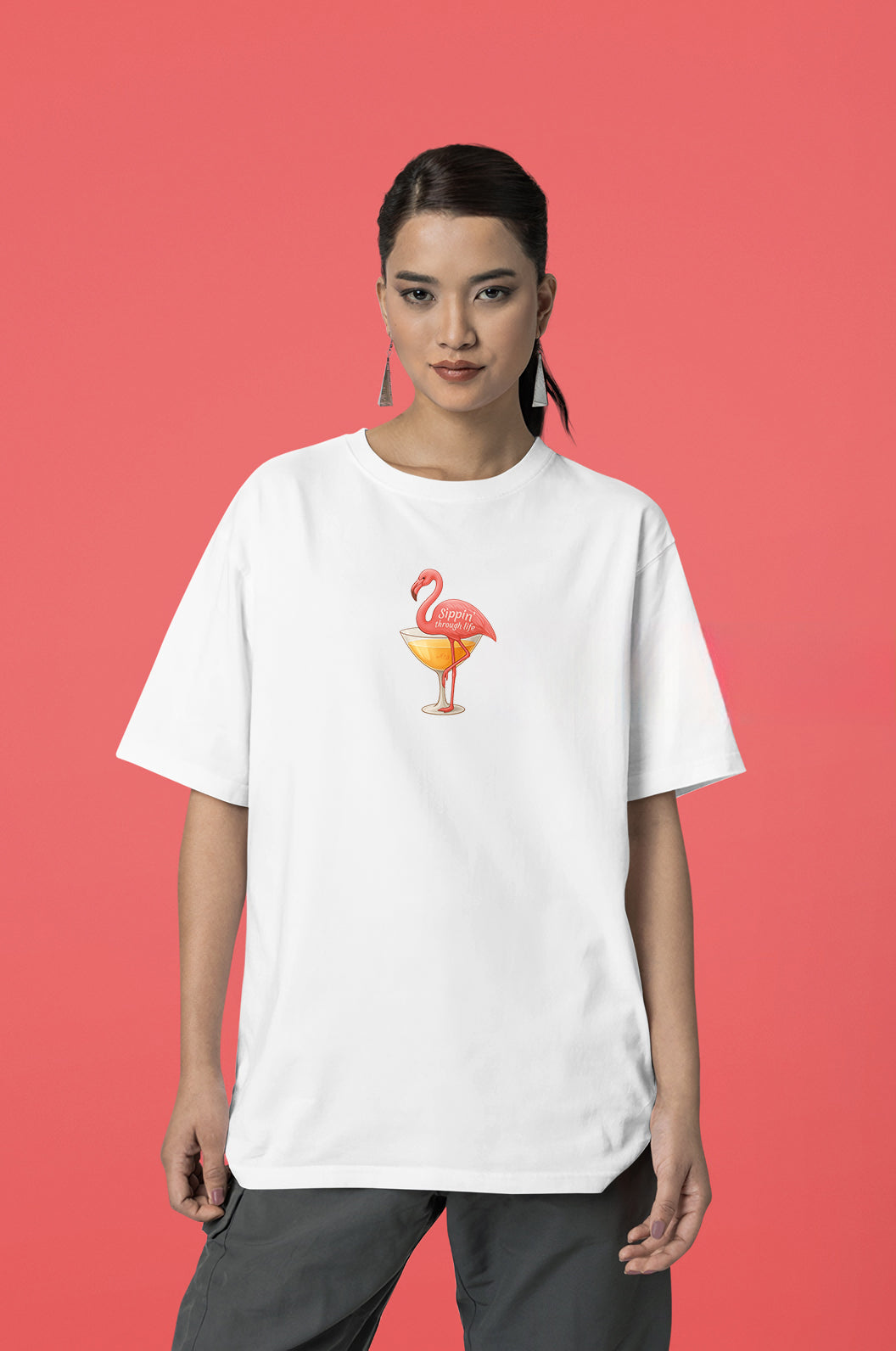Flamingo Kadın %100 Pamuk Regular Bisiklet Yaka Beyaz T-shirt Sippin’ Through Life
