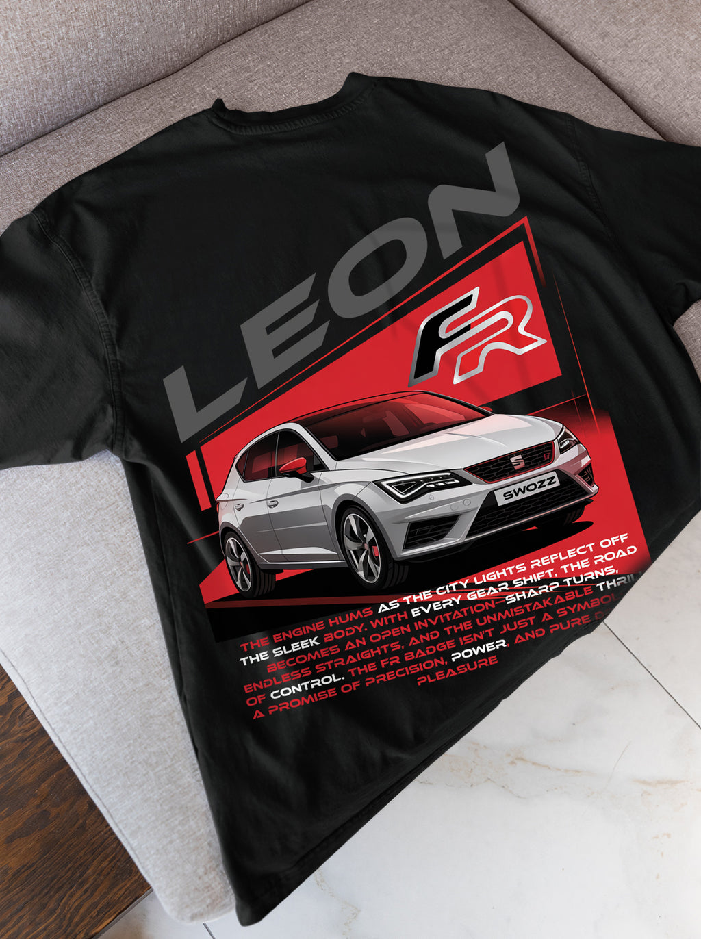 Seat Leon FR Baskılı Siyah Tişört – Regular Unisex Araba Tasarım T-shirt