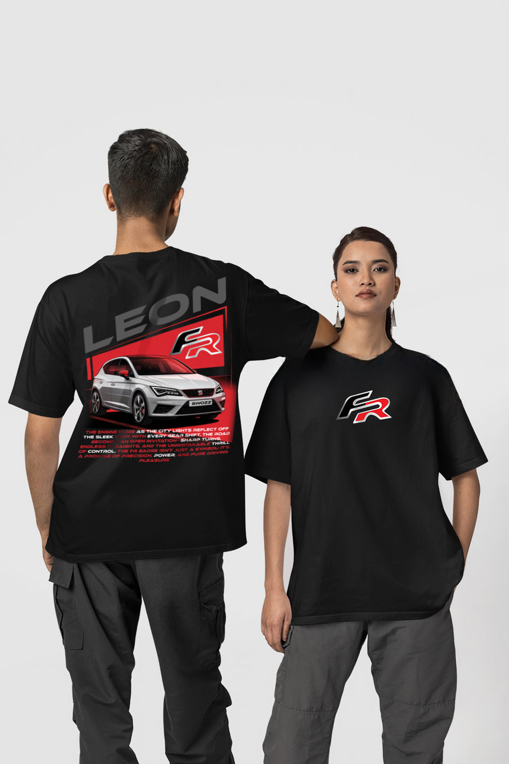 Seat Leon FR Baskılı Siyah Tişört – Regular Unisex Araba Tasarım T-shirt