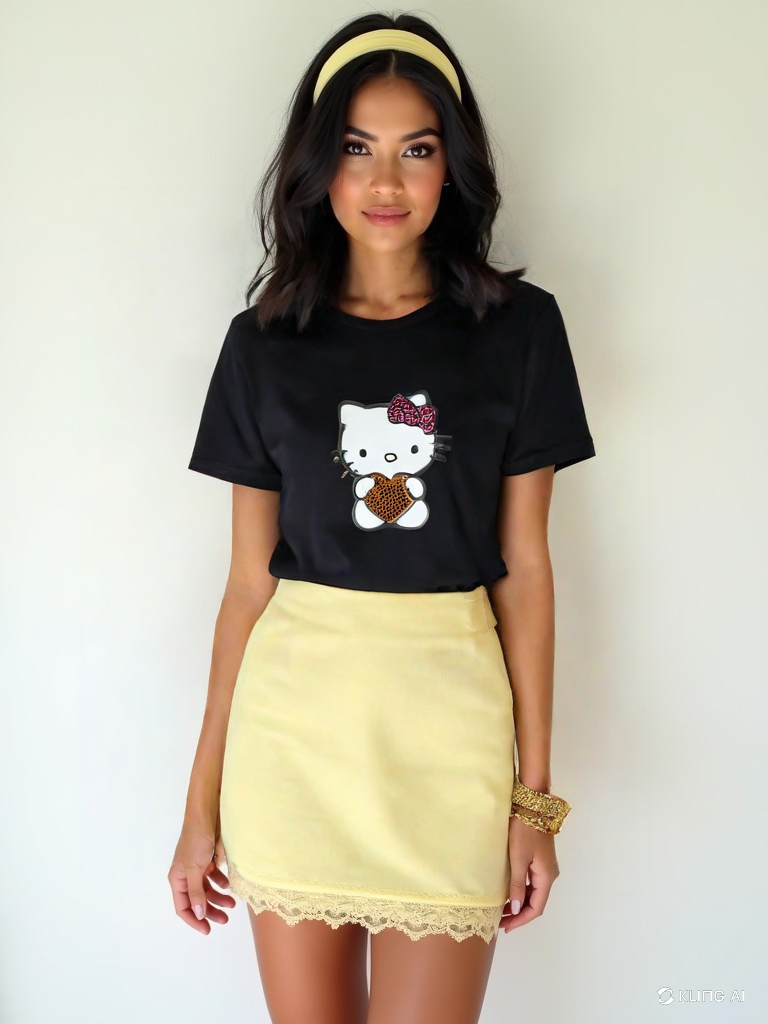 Hello Kitty Taş Kristal Taşlı Baskılı Kadın Premium T-shirt - Siyah