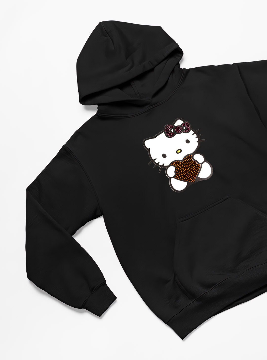 Crystal Heart Kitty Hoodie – Özel Taş Kristal & DTF Baskılı, Unisex Oversize Kapüşonlu Sweatshirt, 3 İplik Şardonlu
