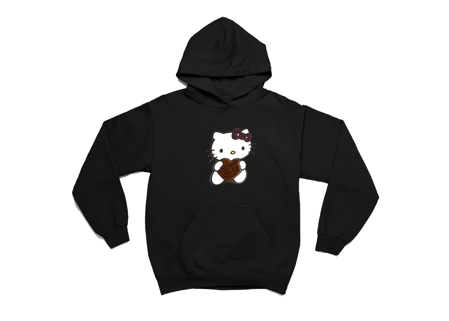 Crystal Heart Kitty Hoodie – Özel Taş Kristal & DTF Baskılı, Unisex Oversize Kapüşonlu Sweatshirt, 3 İplik Şardonlu