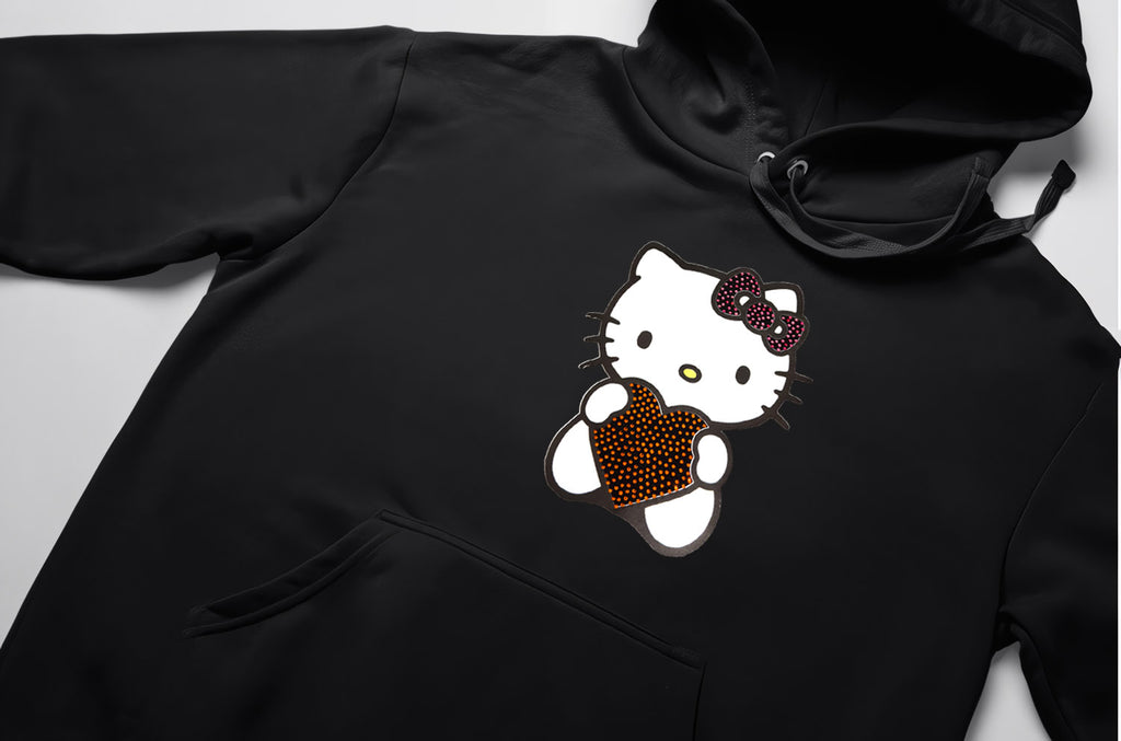 Crystal Heart Kitty Hoodie – Özel Taş Kristal & DTF Baskılı, Unisex Oversize Kapüşonlu Sweatshirt, 3 İplik Şardonlu