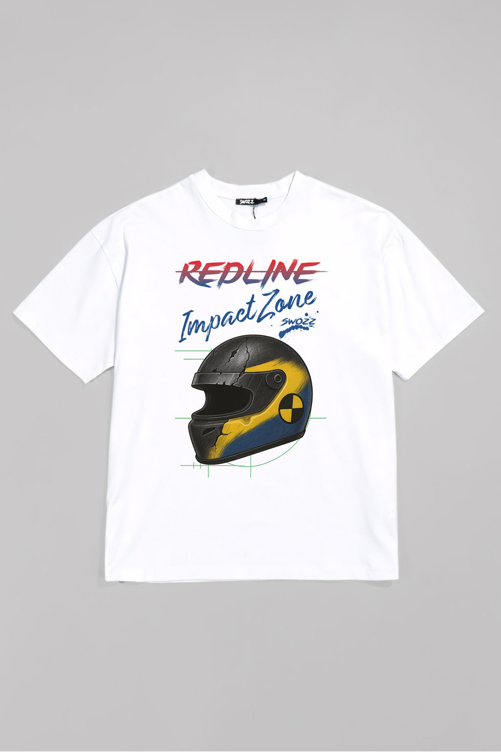 Redline Impact Zone Oversize Unisex Pamuklu Premium Beyaz Tişört – Yarış Kaskı Baskılı