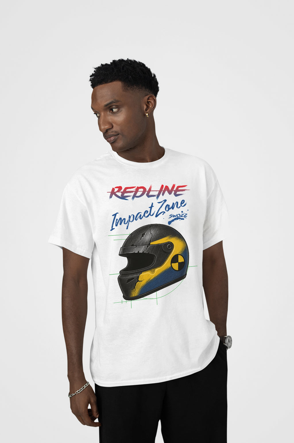 Redline Impact Zone Oversize Unisex Pamuklu Premium Beyaz Tişört – Yarış Kaskı Baskılı