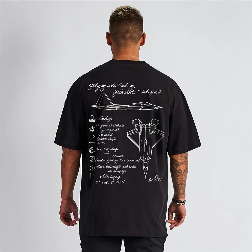 Kaan Savaş Uçağı Temalı Regular Unisex Tişört – Özgün KAAN Logo ve Teknik Çizim Baskılı