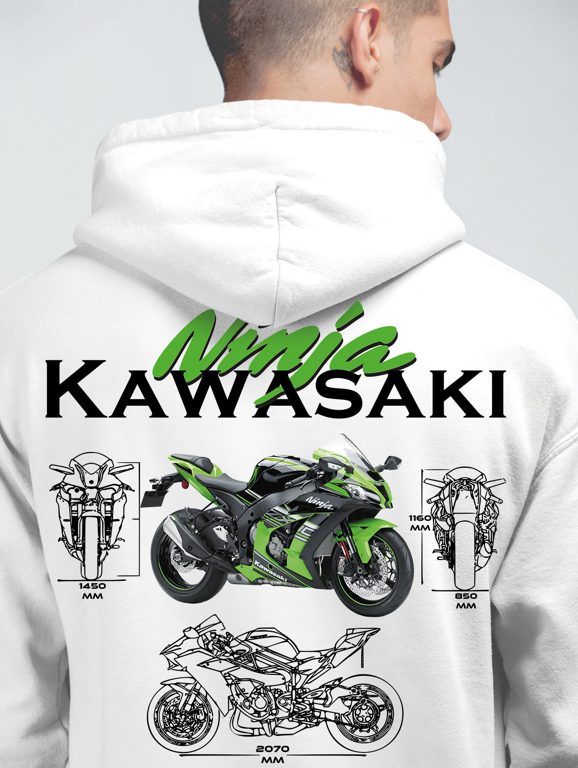 Kawasaki Ön Ve Sırt Baskılı Siyah 3 Ip Kalın Kumaş Unisex Sweatshirt Hoodie