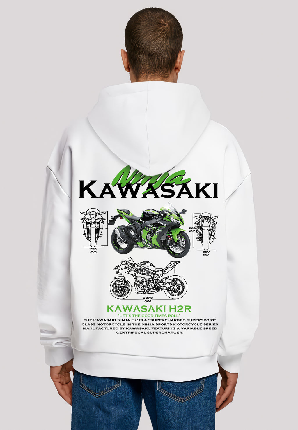 Kawasaki Ön Ve Sırt Baskılı Siyah 3 Ip Kalın Kumaş Unisex Sweatshirt Hoodie