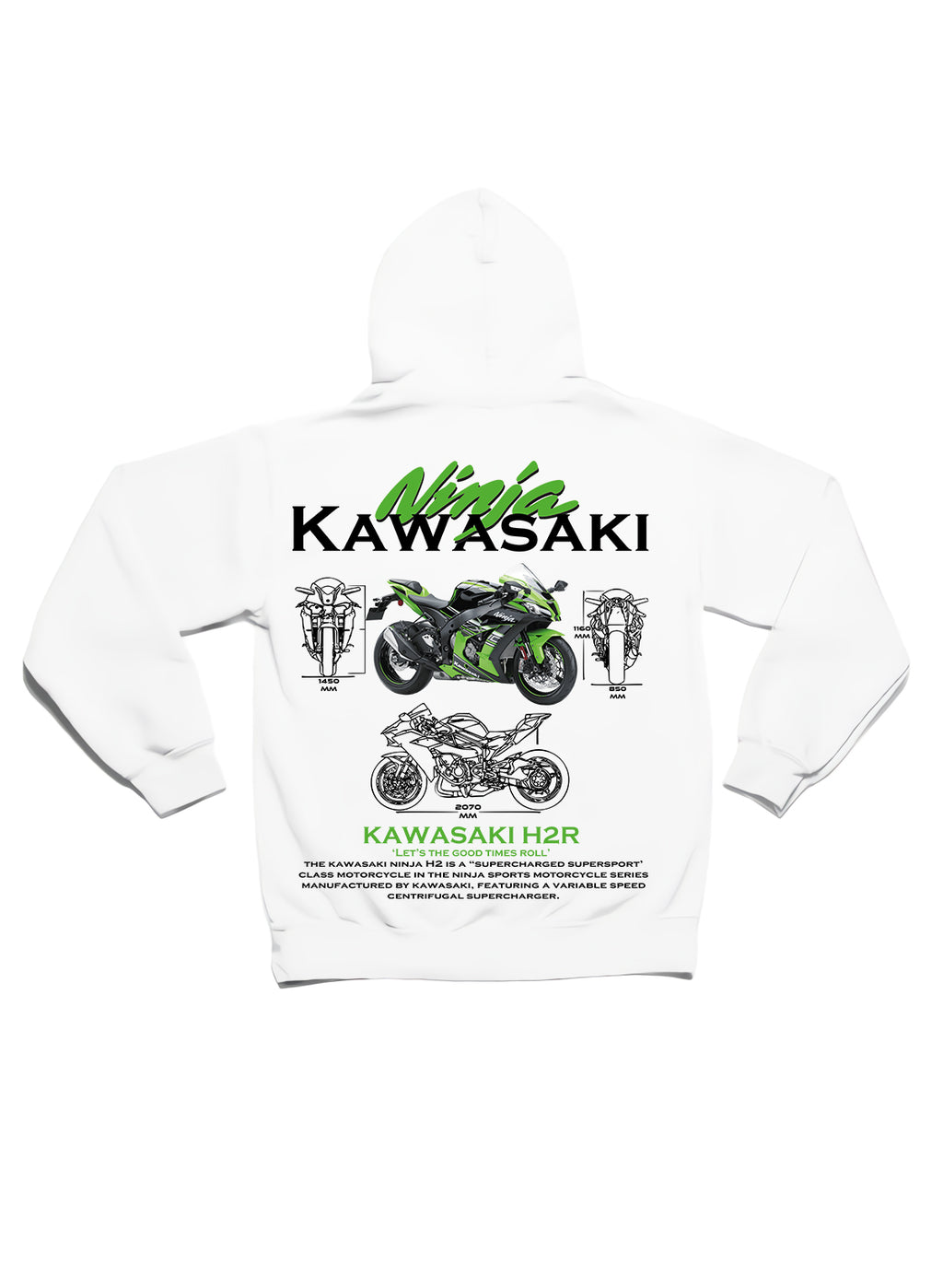 Kawasaki Ön Ve Sırt Baskılı Siyah 3 Ip Kalın Kumaş Unisex Sweatshirt Hoodie