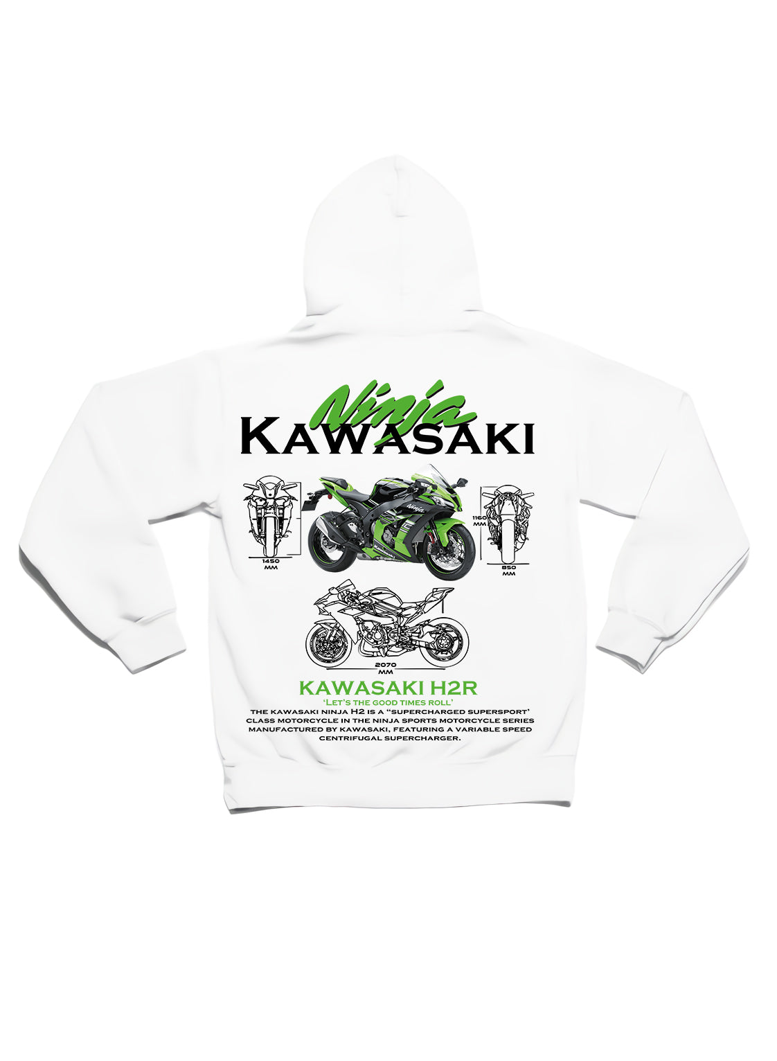 Kawasaki Ön Ve Sırt Baskılı Siyah 3 Ip Kalın Kumaş Unisex Sweatshirt Hoodie