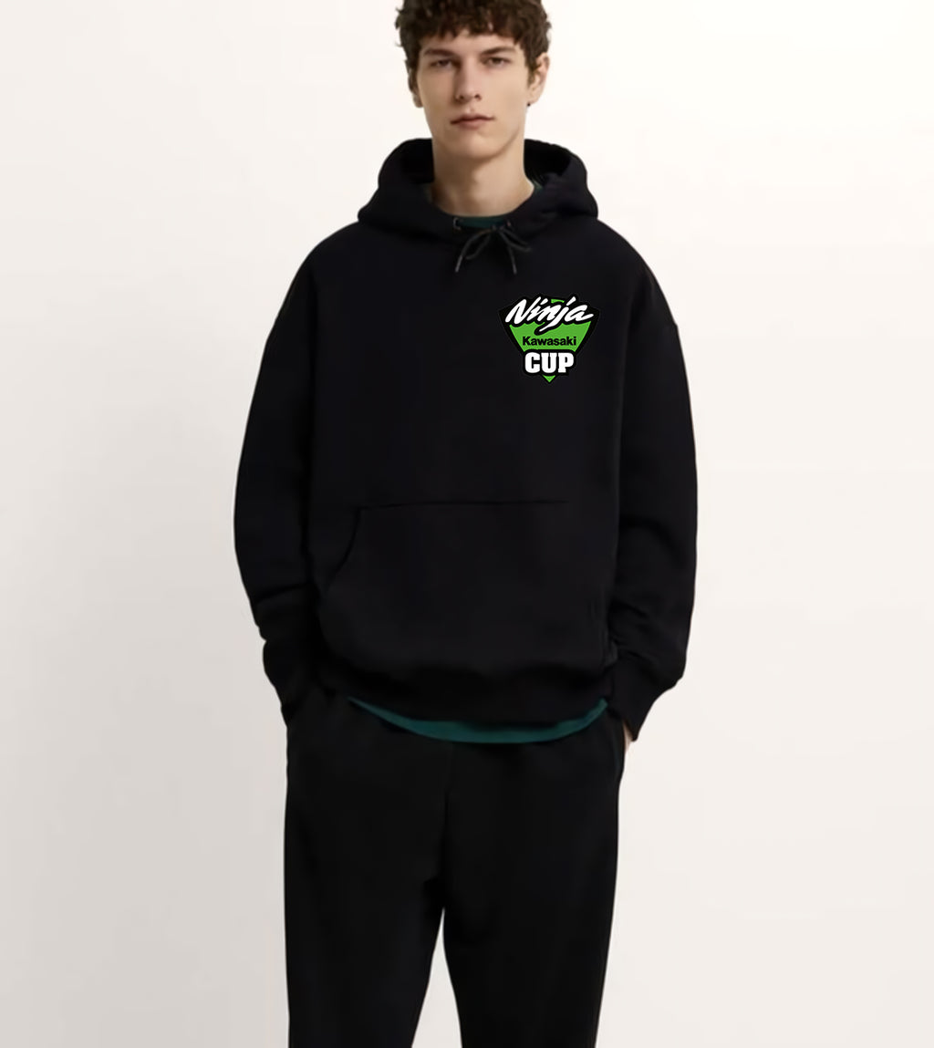 Kawasaki Ön Ve Sırt Baskılı Siyah 3 Ip Kalın Kumaş Unisex Sweatshirt Hoodie