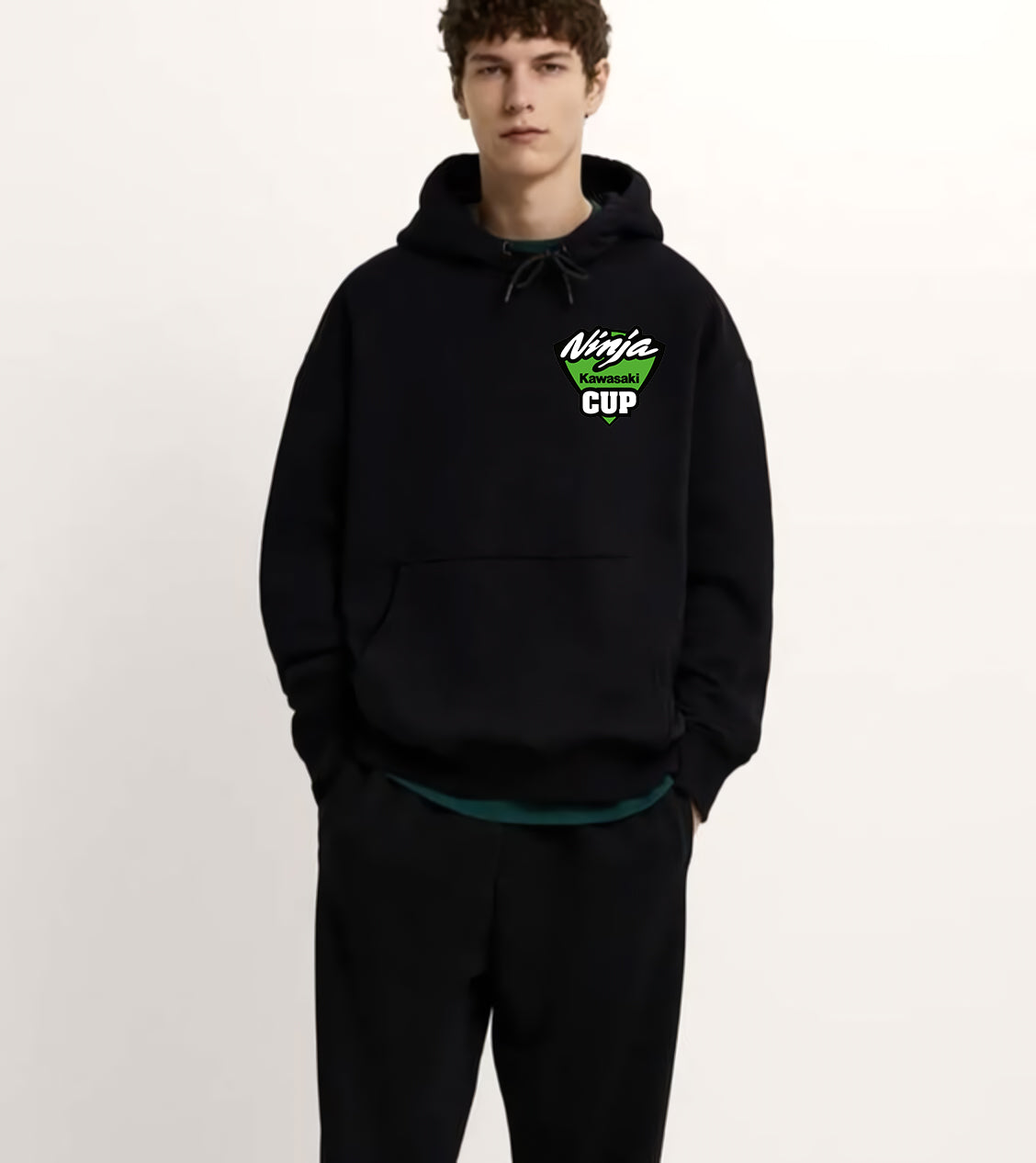 Kawasaki Ön Ve Sırt Baskılı Siyah 3 Ip Kalın Kumaş Unisex Sweatshirt Hoodie