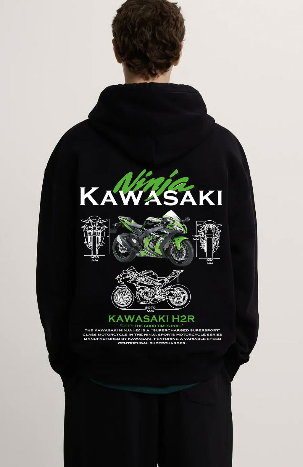 Kawasaki Ön Ve Sırt Baskılı Siyah 3 Ip Kalın Kumaş Unisex Sweatshirt Hoodie