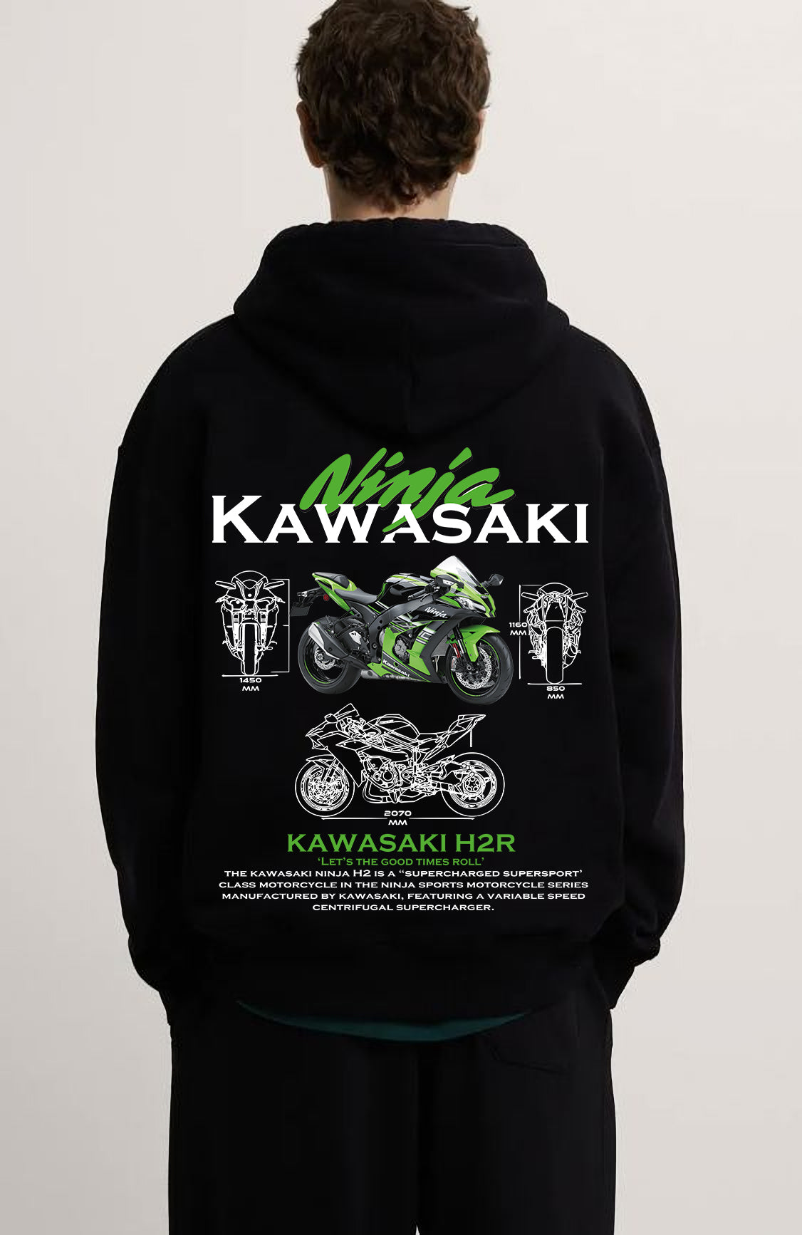 Kawasaki Ön Ve Sırt Baskılı Siyah 3 Ip Kalın Kumaş Unisex Sweatshirt Hoodie