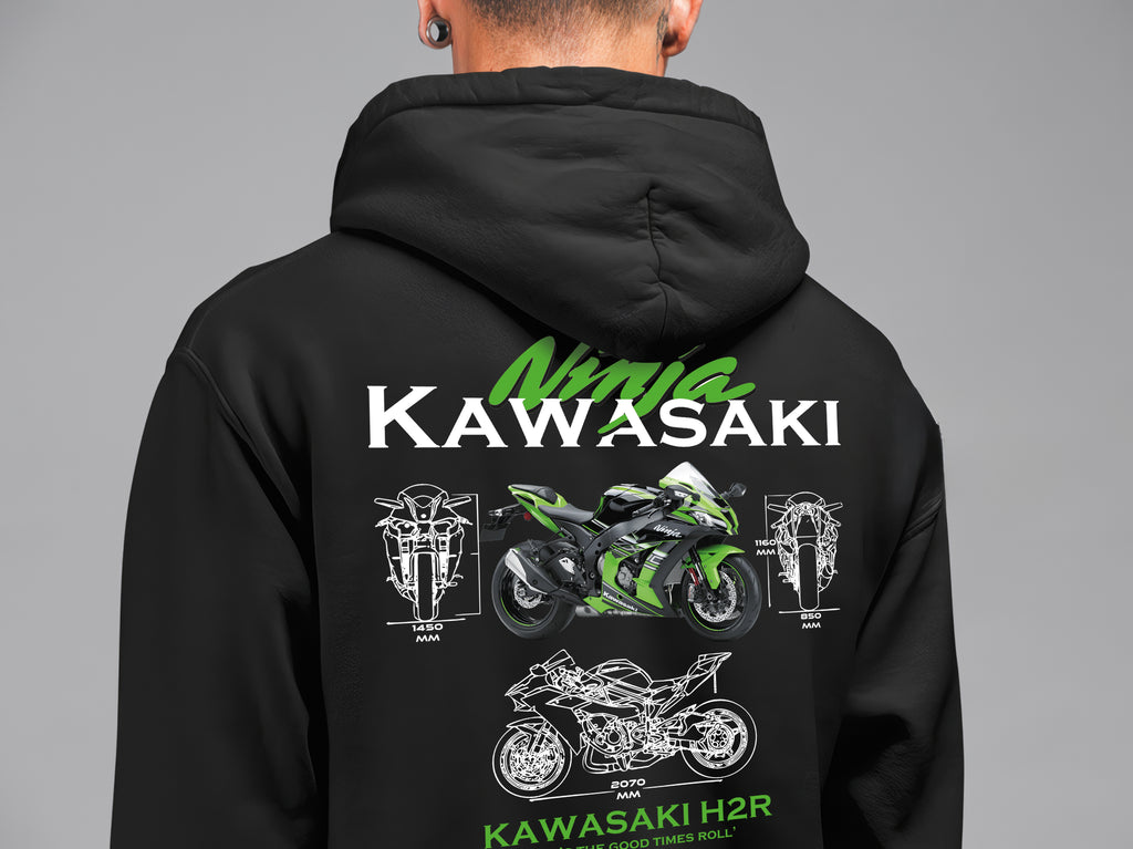 Kawasaki Ön Ve Sırt Baskılı Siyah 3 Ip Kalın Kumaş Unisex Sweatshirt Hoodie