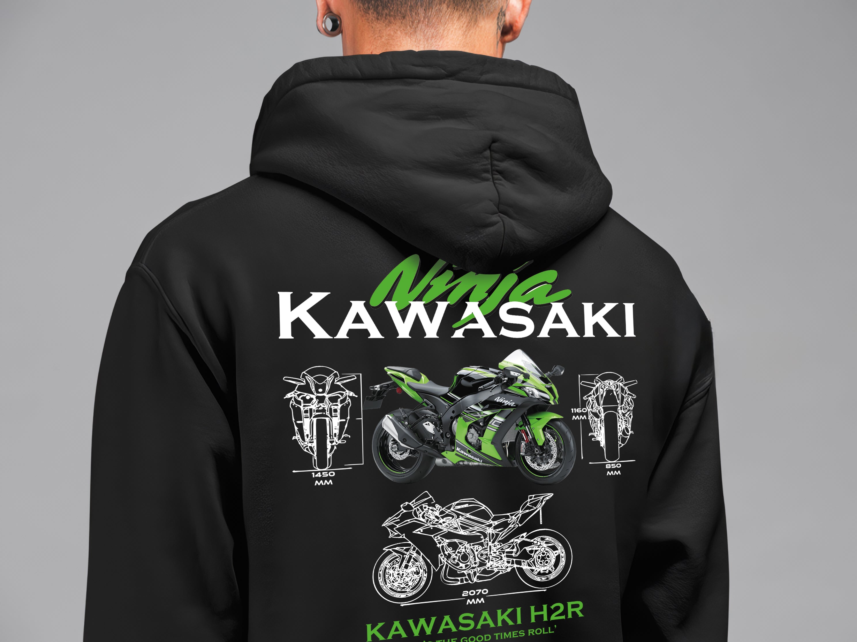 Kawasaki Ön Ve Sırt Baskılı Siyah 3 Ip Kalın Kumaş Unisex Sweatshirt Hoodie