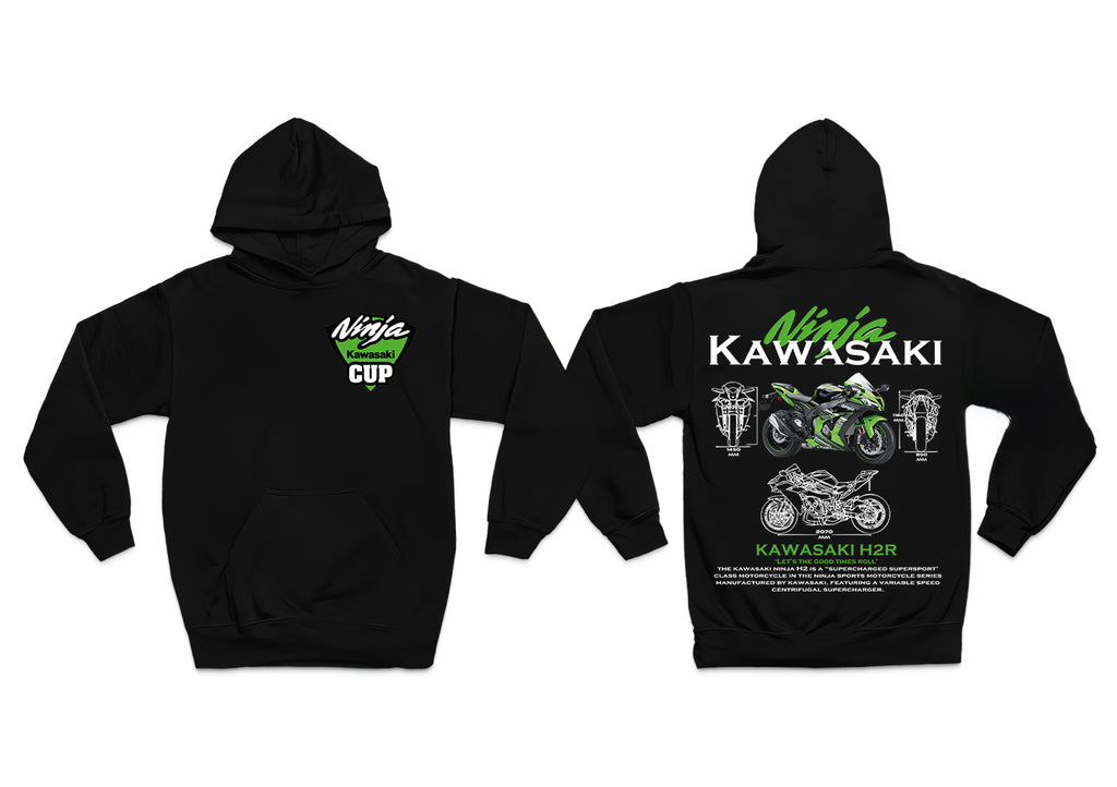 Kawasaki Ön Ve Sırt Baskılı Siyah 3 Ip Kalın Kumaş Unisex Sweatshirt Hoodie