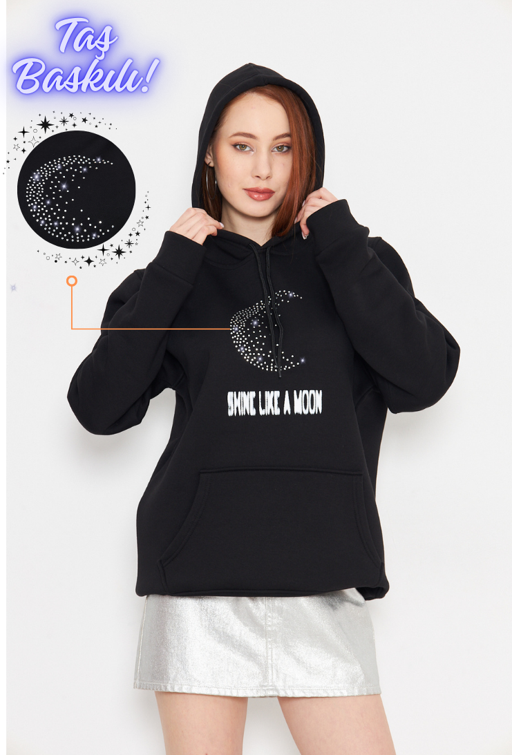 Taş Baskılı Ay Gibi Parla Yazılı Kadın Oversize Siyah Sweatshirt