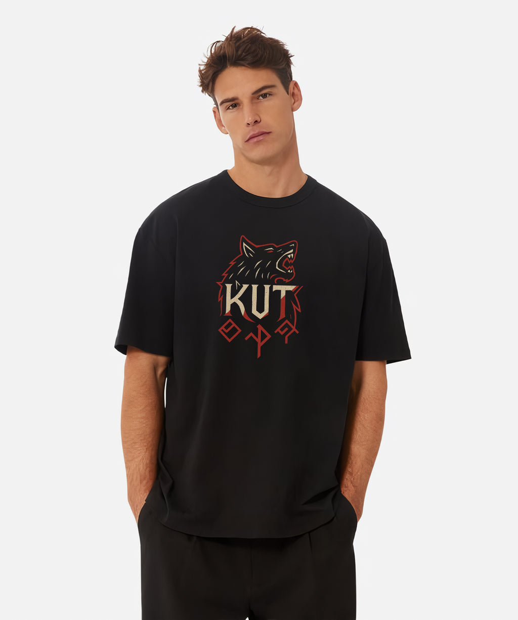 KUT Yazılı Kurt Tasarımı Regular Fit Siyah Unisex Tişört Tamga Koleksiyonu