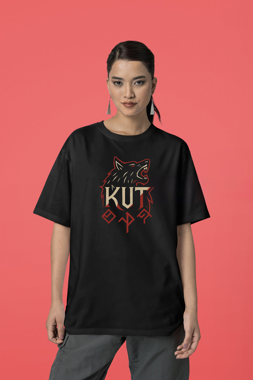 KUT Yazılı Kurt Tasarımı Regular Fit Siyah Unisex Tişört Tamga Koleksiyonu