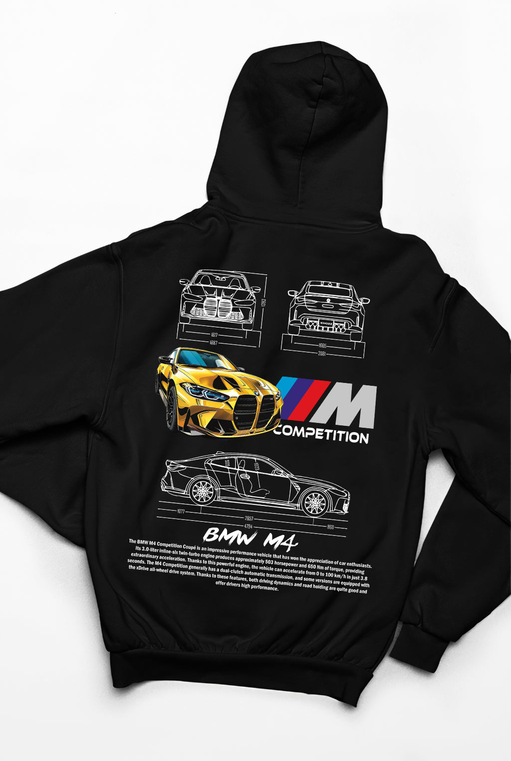 BMW M4 Ön Ve Sırt Baskılı Siyah 3 Ip Kalın Kumaş Unisex Sweatshirt Hoodie