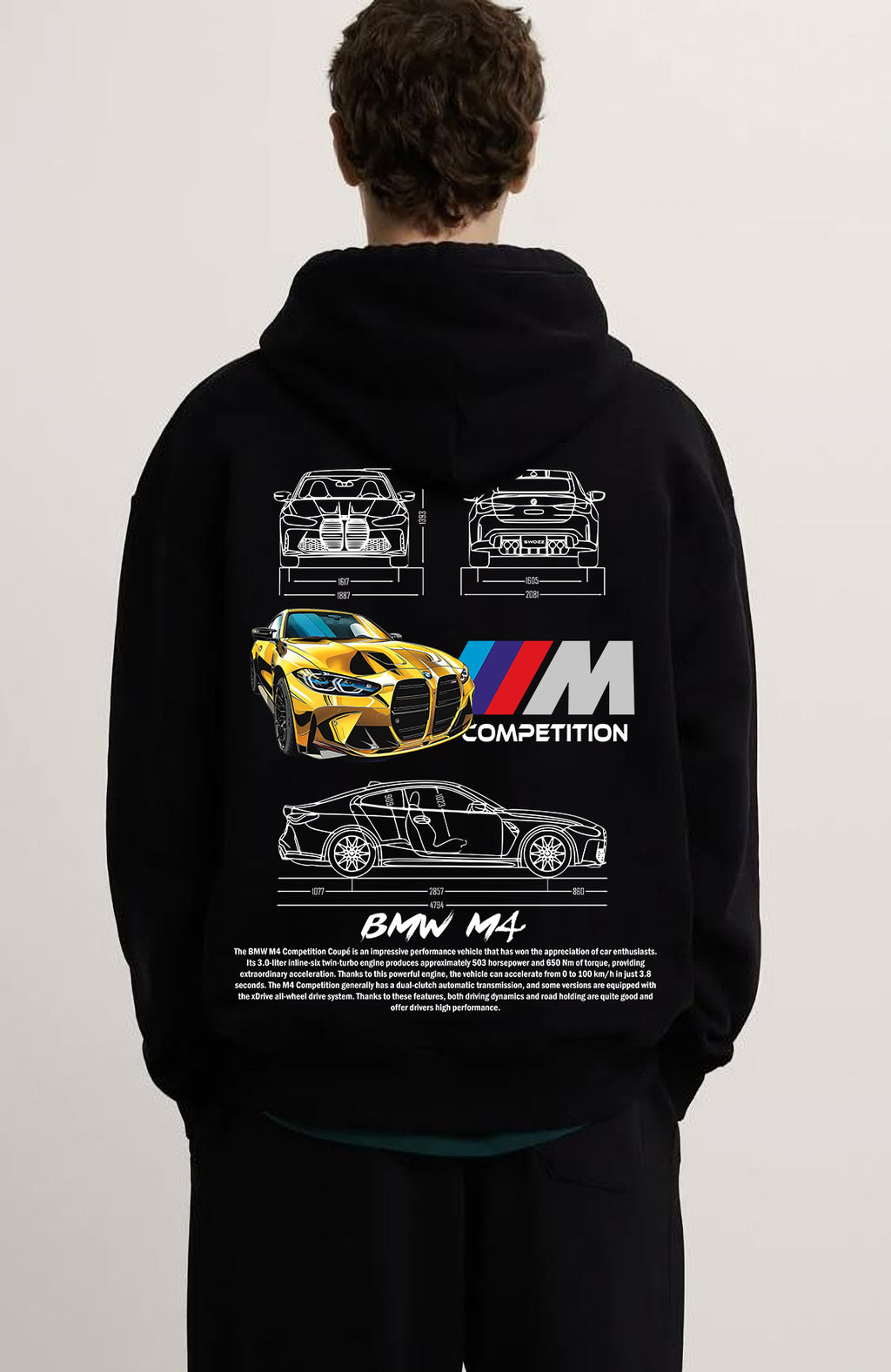 BMW M4 Ön Ve Sırt Baskılı Siyah 3 Ip Kalın Kumaş Unisex Sweatshirt Hoodie