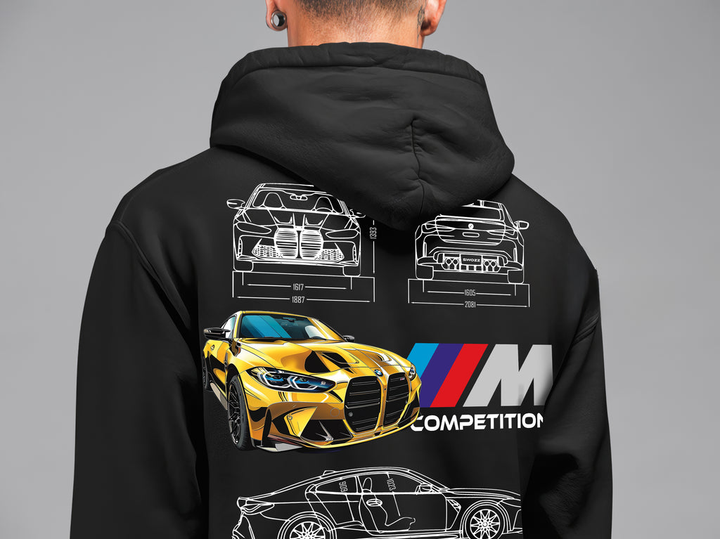 BMW M4 Ön Ve Sırt Baskılı Siyah 3 Ip Kalın Kumaş Unisex Sweatshirt Hoodie