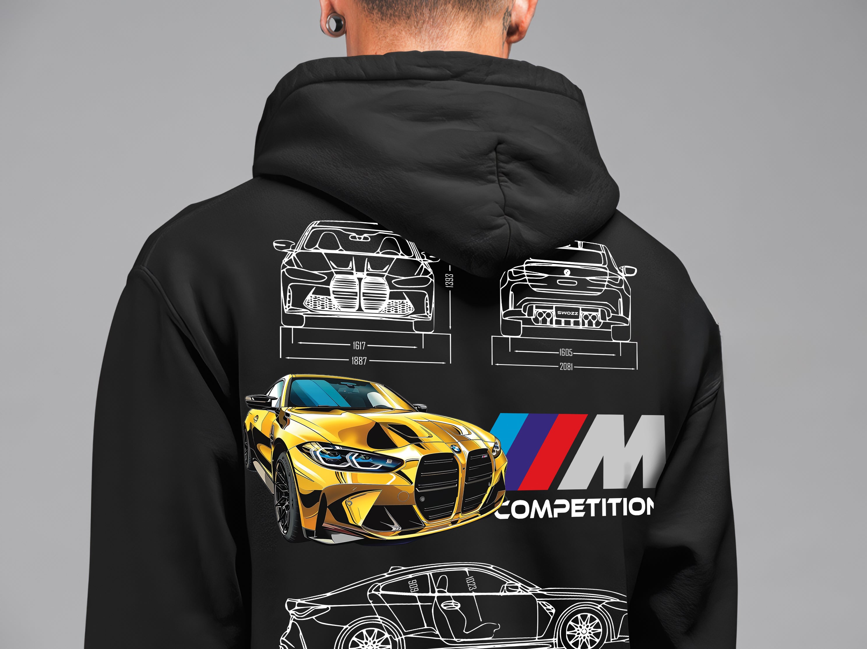 BMW M4 Ön Ve Sırt Baskılı Siyah 3 Ip Kalın Kumaş Unisex Sweatshirt Hoodie