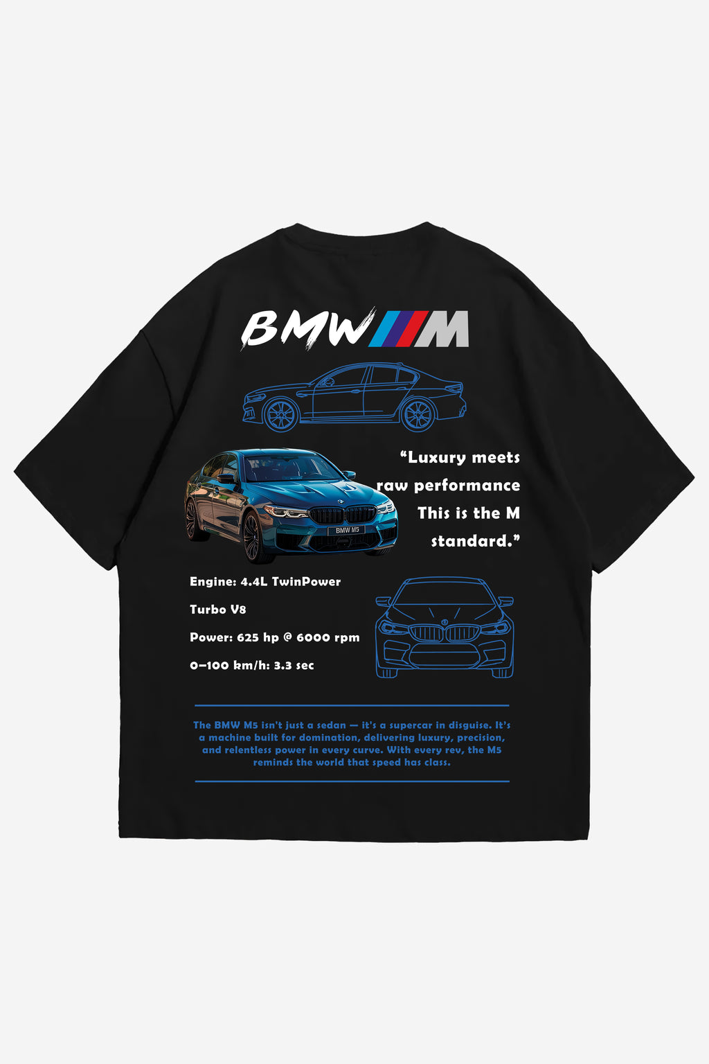 BMW M5 Teknik Çizim ve Performans Bilgili Regular Unisex Tişört – Siyah Araba Temalı Tasarım