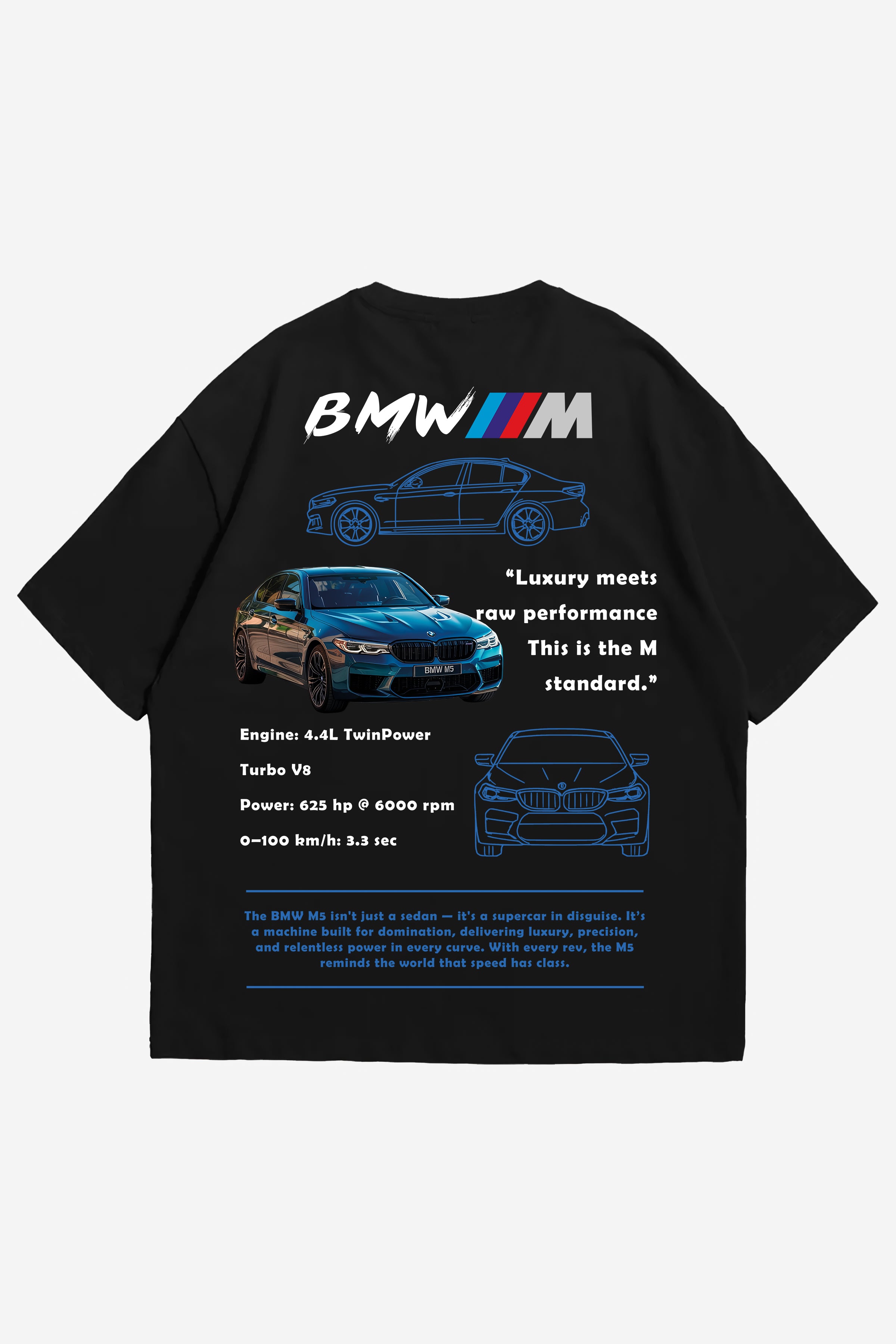 BMW M5 Teknik Çizim ve Performans Bilgili Regular Unisex Tişört – Siyah Araba Temalı Tasarım