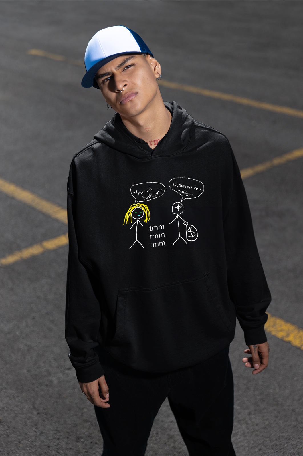 LvbelC5 Stickman Mizah Hoodie – Unisex Oversize Siyah