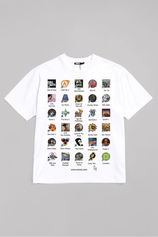 Retro Oyun İkonları Tasarımlı Regular Fit Unisex Premium Beyaz Trend Tişört