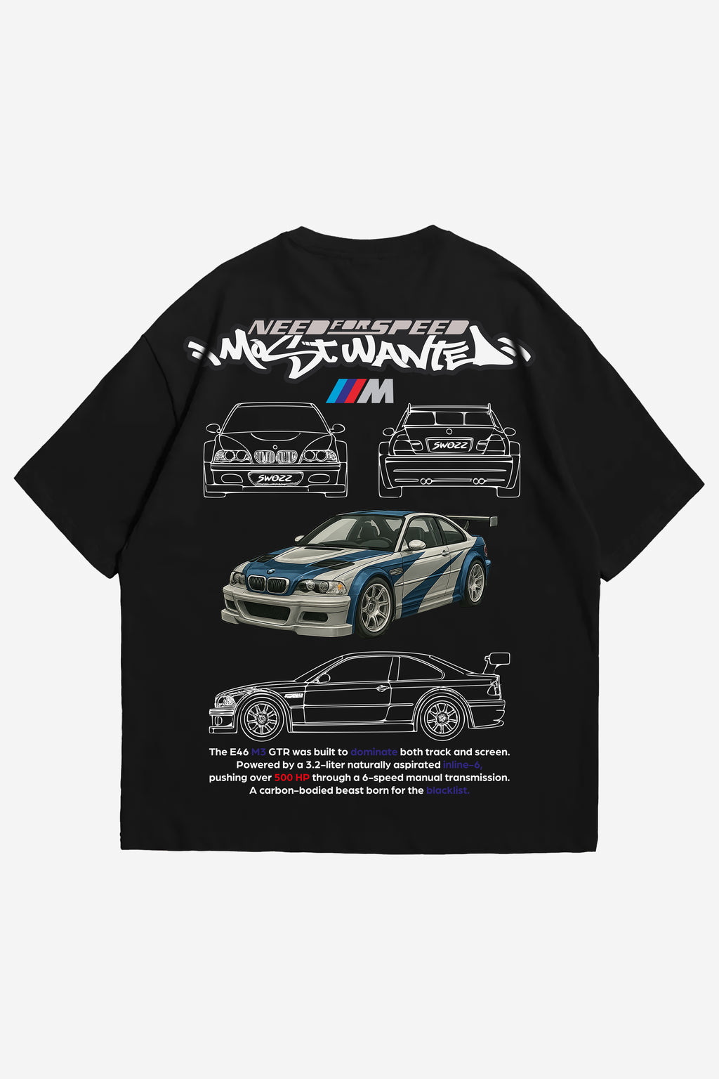 BMW E46 M3 GTR Most Wanted Regular Unisex Siyah Tişört - Araba Temalı Özel Baskılı Pamuklu tshirt