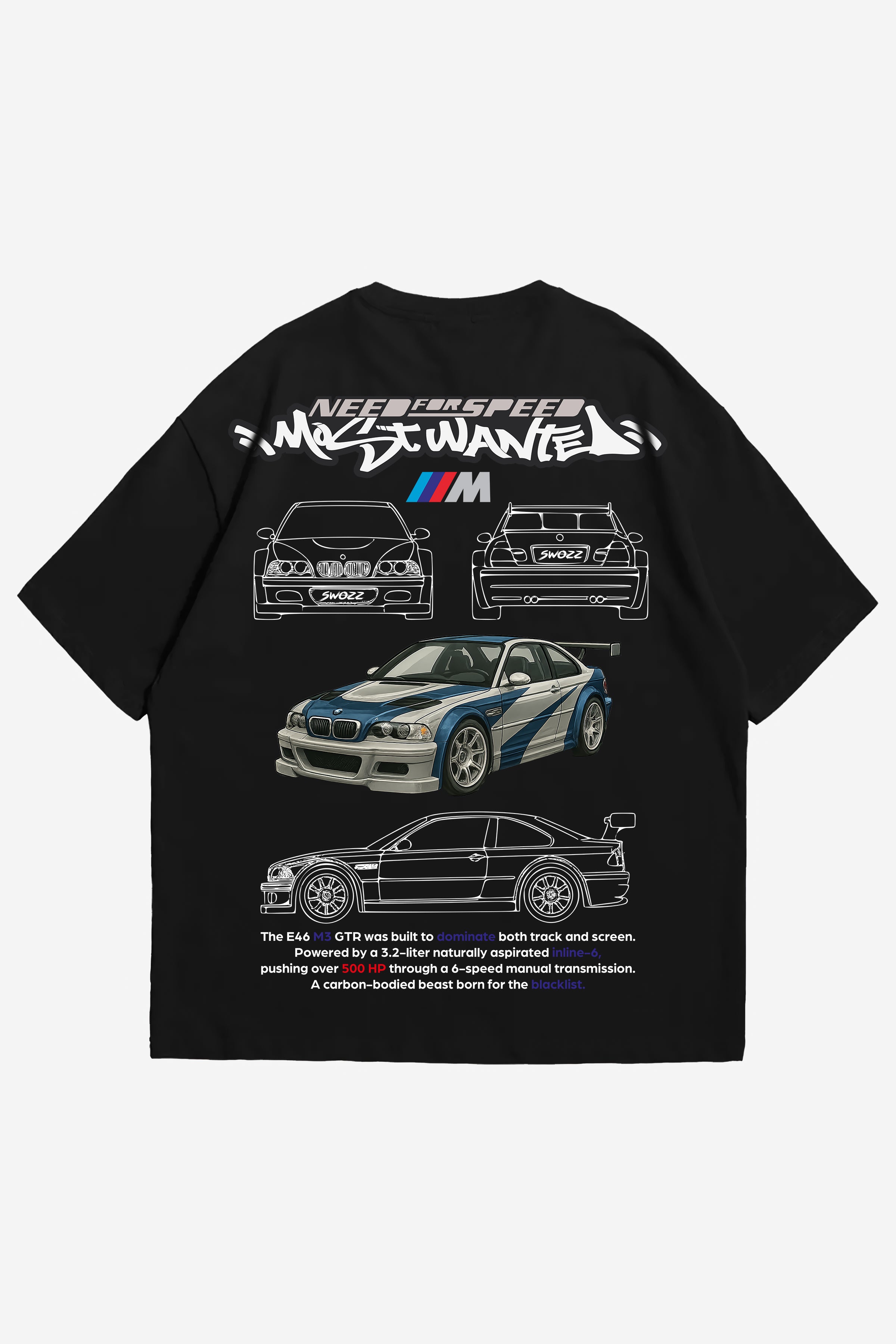 BMW E46 M3 GTR Most Wanted Regular Unisex Siyah Tişört - Araba Temalı Özel Baskılı Pamuklu tshirt
