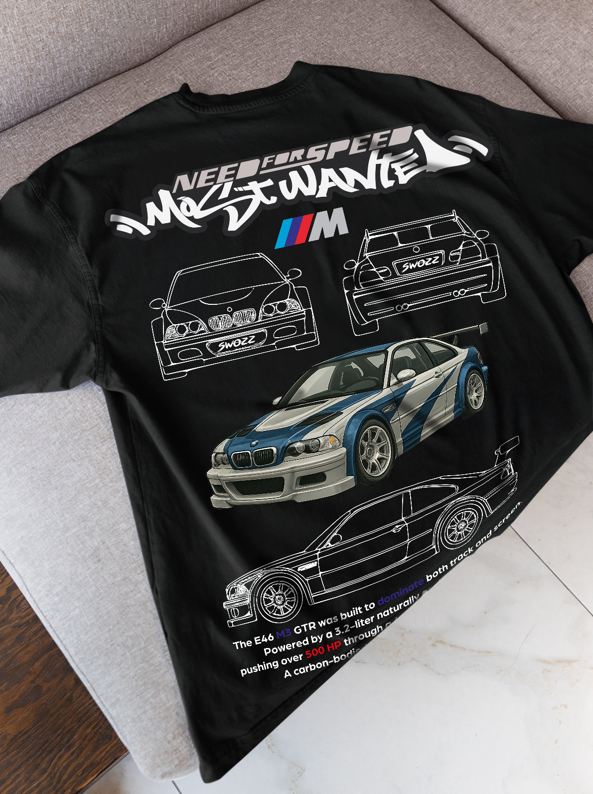 BMW E46 M3 GTR Most Wanted Regular Unisex Siyah Tişört - Araba Temalı Özel Baskılı Pamuklu tshirt