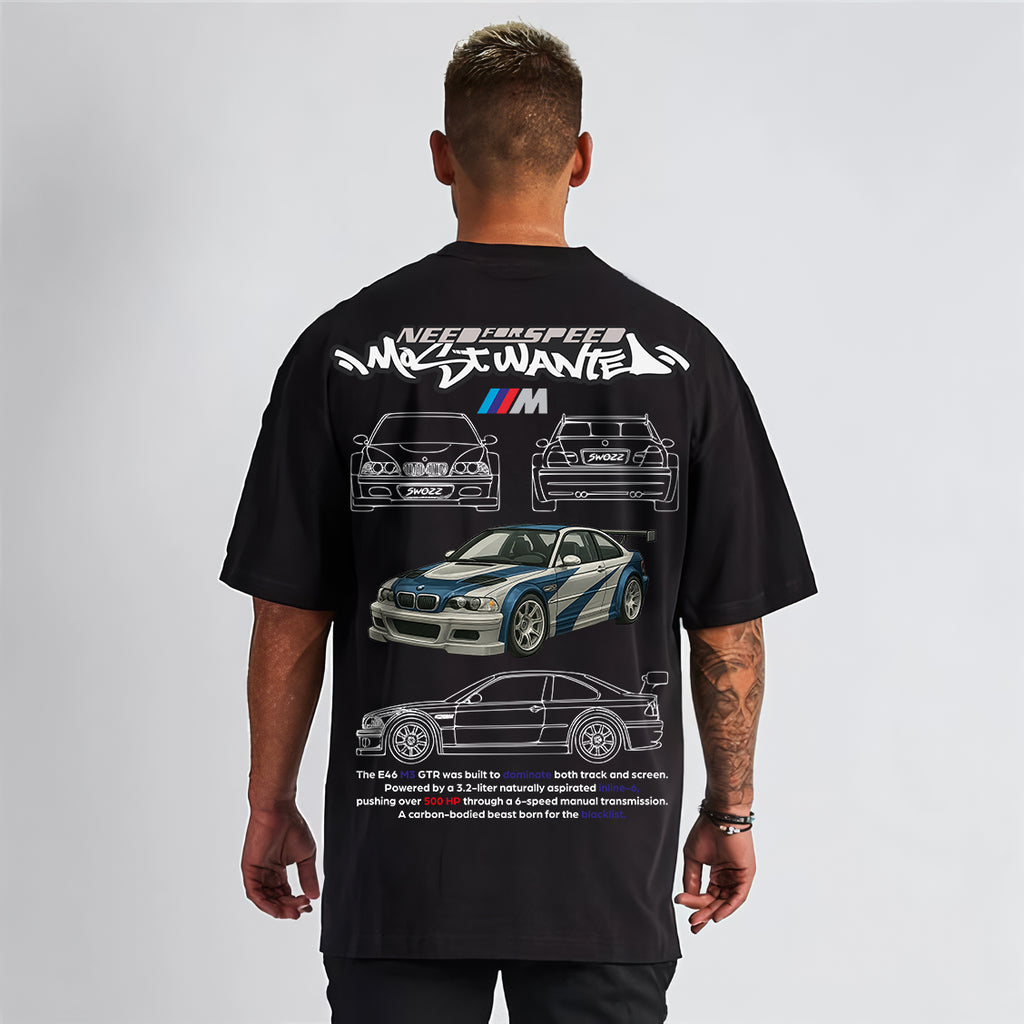 BMW E46 M3 GTR Most Wanted Regular Unisex Siyah Tişört - Araba Temalı Özel Baskılı Pamuklu tshirt
