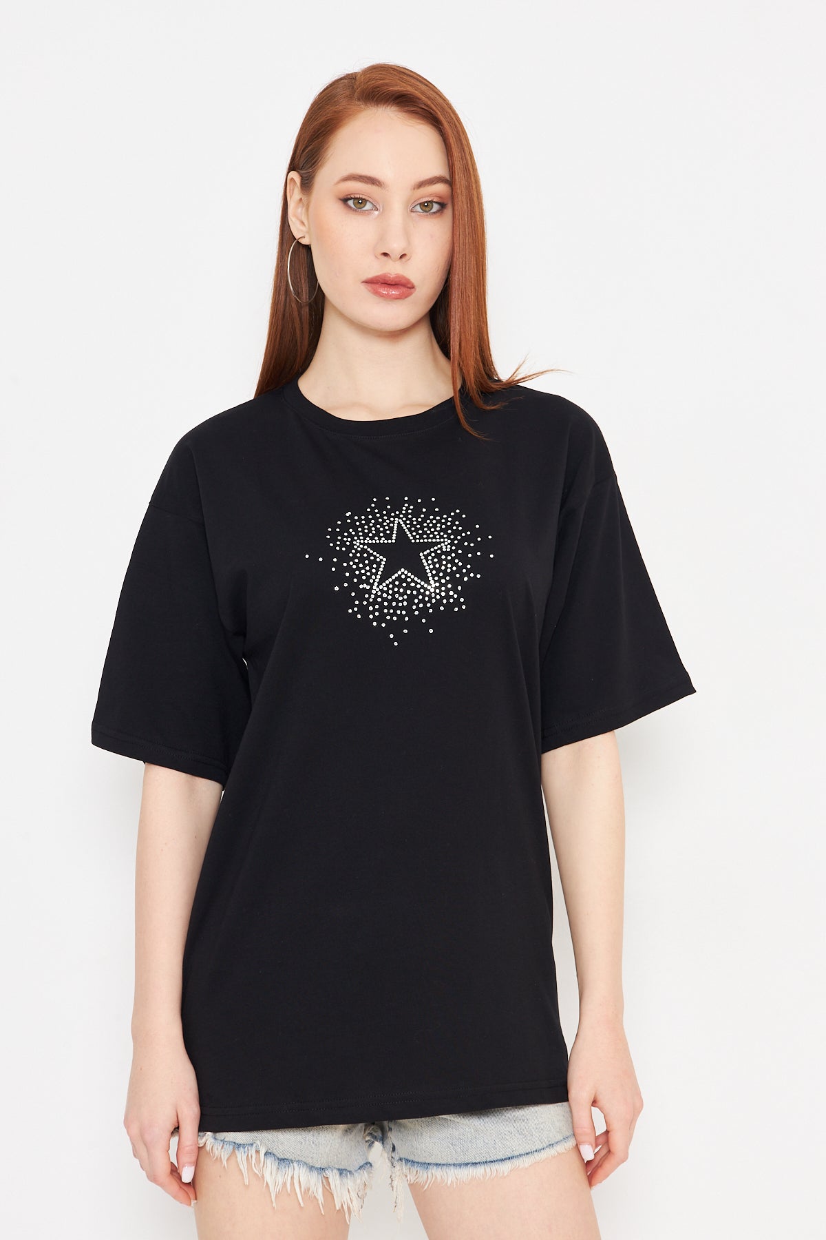 Taş Baskılı Yıldız Tshirt Regular Kadın