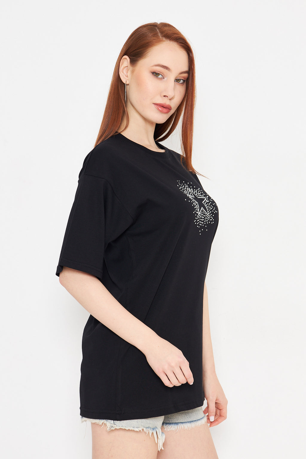 Taş Baskılı Yıldız Tshirt Regular Kadın