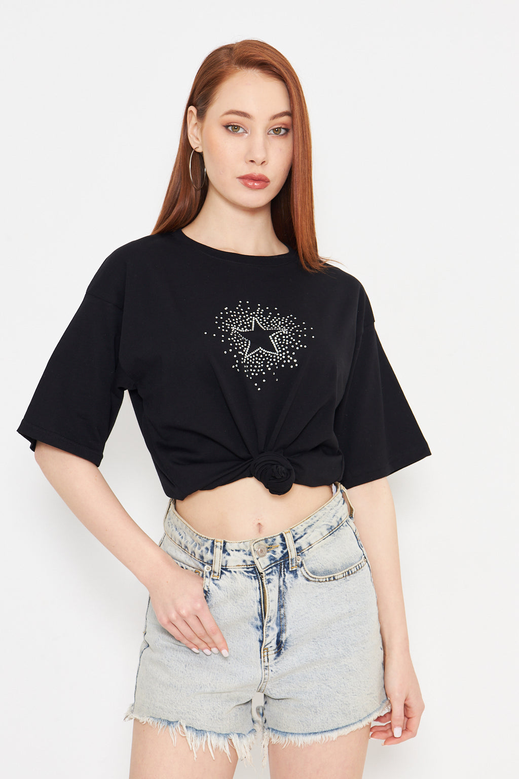 Taş Baskılı Yıldız Tshirt Regular Kadın