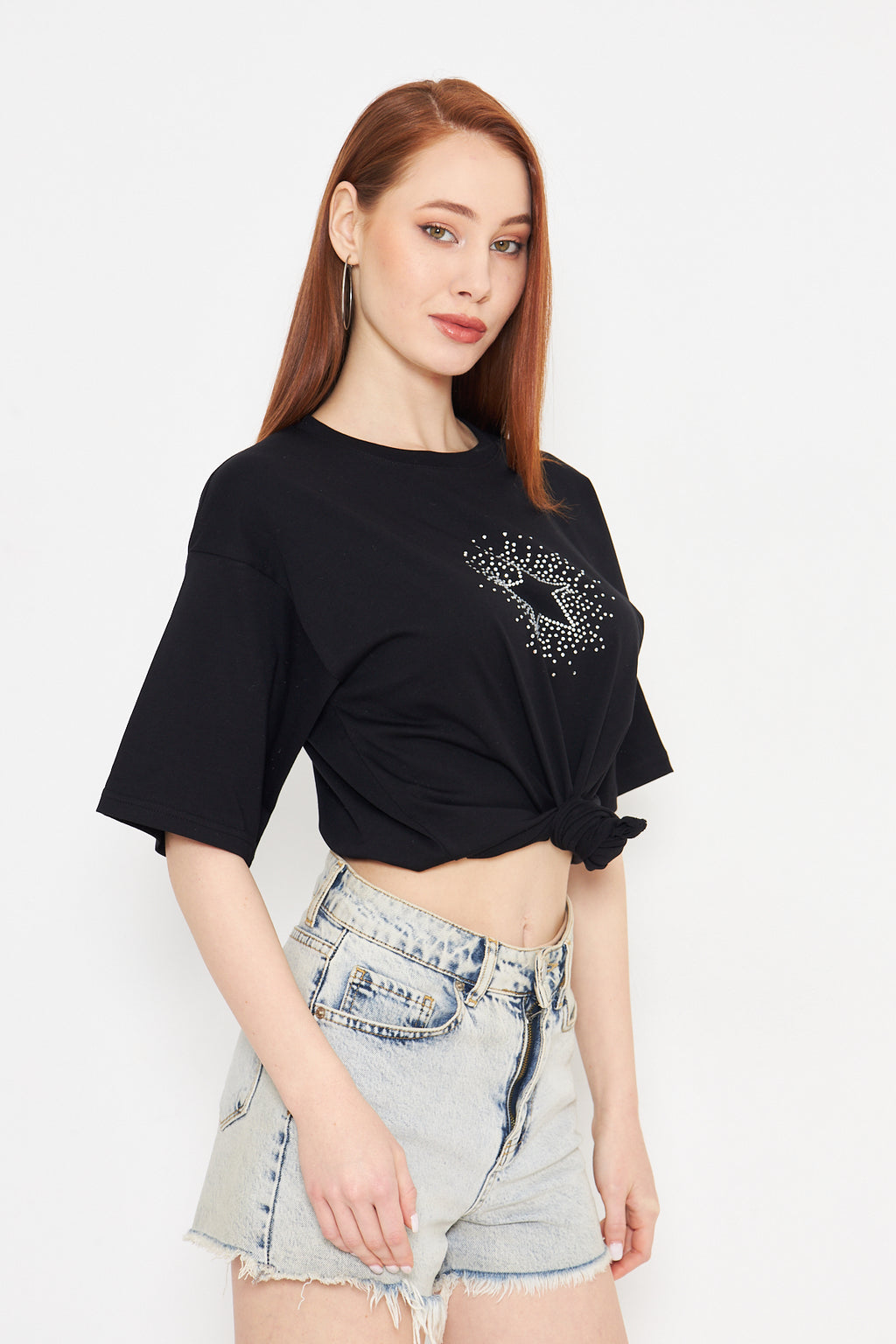 Taş Baskılı Yıldız Tshirt Regular Kadın