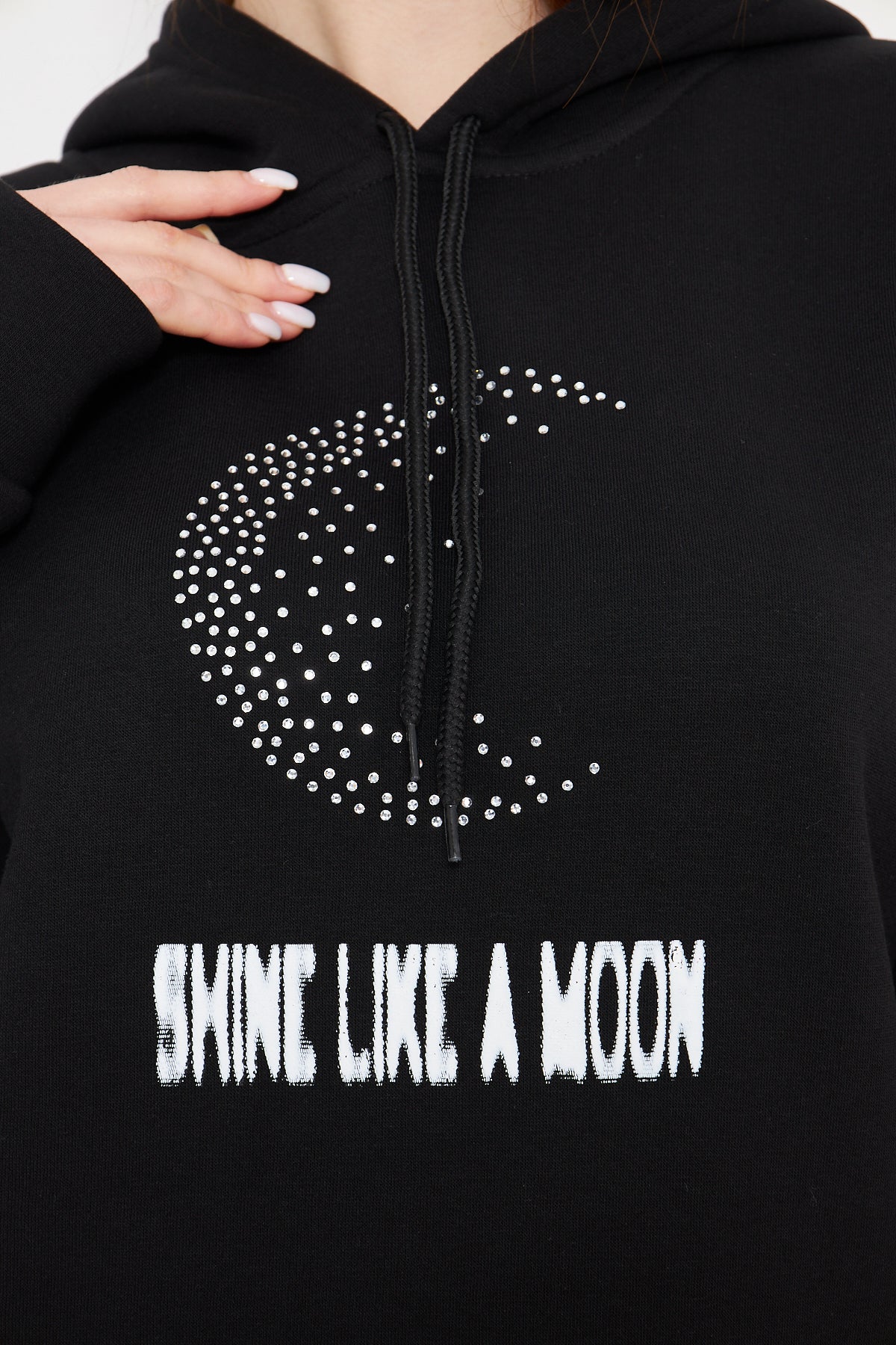 Taş Baskılı Ay Gibi Parla Yazılı Kadın Oversize Siyah Sweatshirt